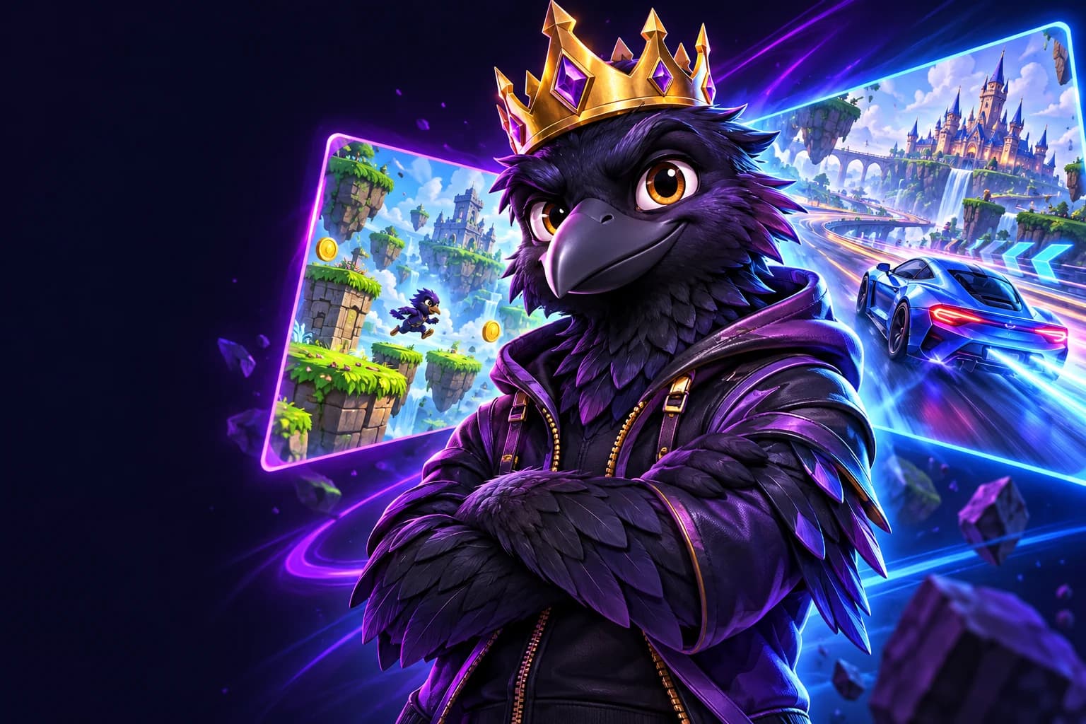 Crowned crow creator in front of neon-framed platform and racing game worlds